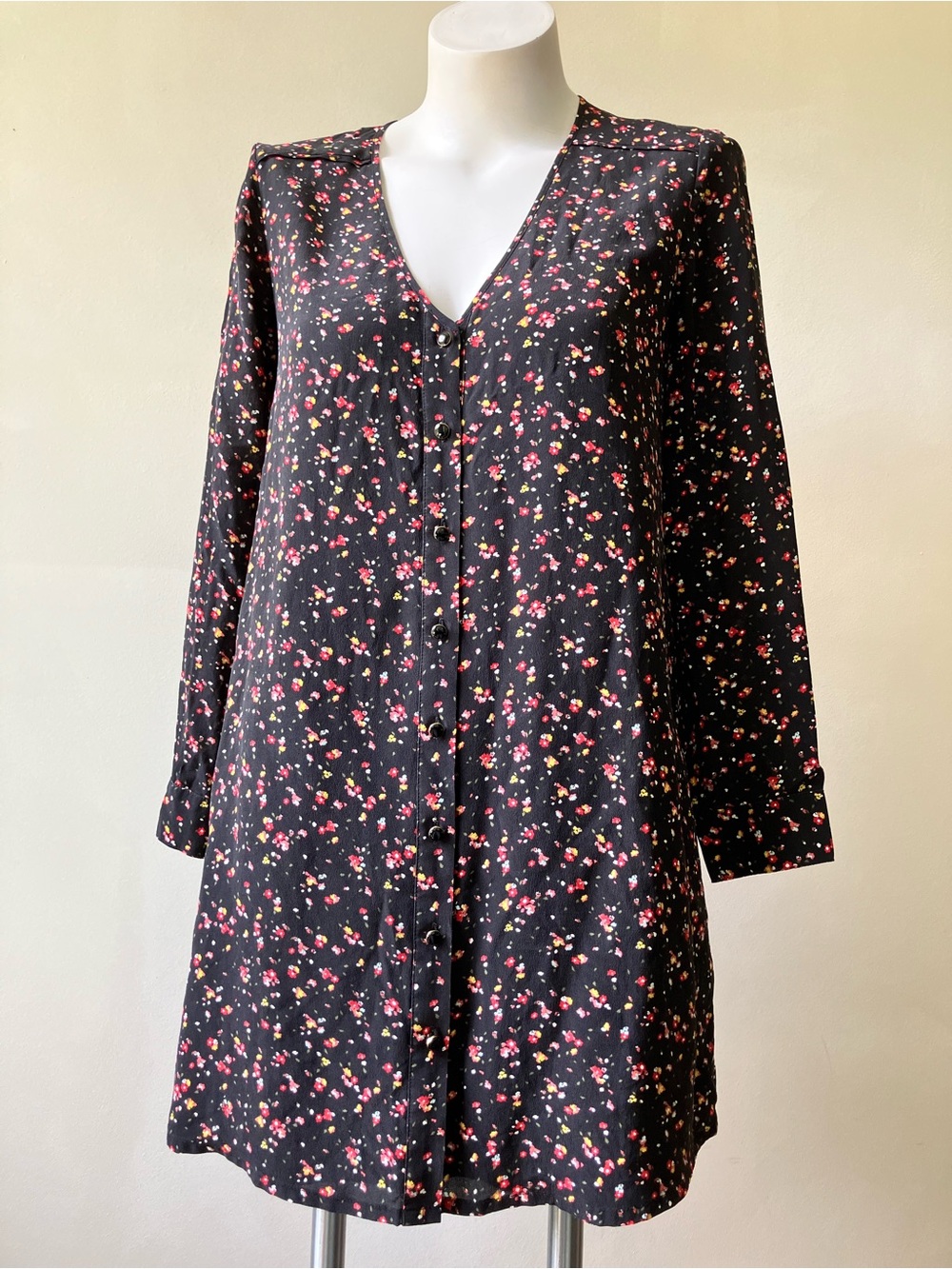 Madewell x Sézane | Elly Silk Black Ditsy Floral Mini Shirt Dress